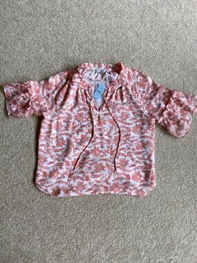 LOFT Pink Floral Tie-Neck Short Sleeve Blouse